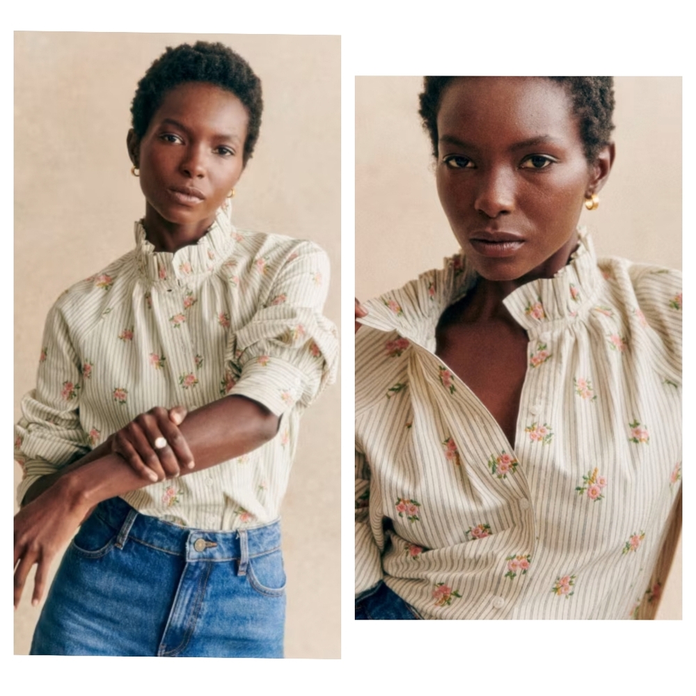 Sezane Size 34 Louna Embroidery Floral Striped Button Down Blouse Top